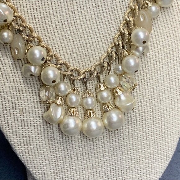 Retro Chunky Statement Necklace 14 In Textured Gold Chain Pearl Organic Round - Picture 4 of 6